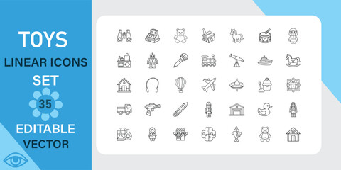 Thirty five linear icons depicting various childrens toys, including vehicles, animals, games, and play structures. Editable vector format.