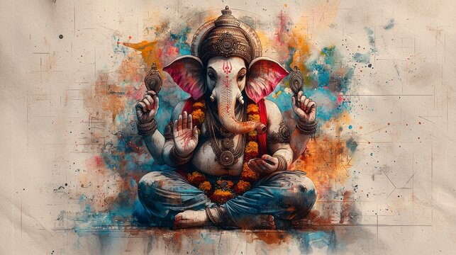 Colorful illustration of a Hindu deity in a meditative pose, lotus position