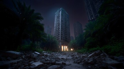 Tall house surrounded by trees with a powerful explosion in the background and nearby destroyed buildings, dramatic post-disaster scene combining nature and urban devastation
