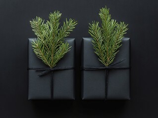 black gift box with decor, gift box with pine tree branches