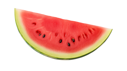 A close up of a watermelon slice with black seeds and a green rind on a black background isolated on transparent background