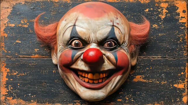 Creepy clown mask with menacing expression against textured wood