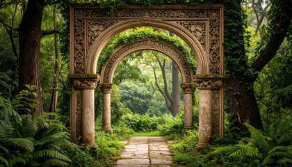Obraz premium A beautiful garden with a stone archway surrounded by lush greenery in vintage art style