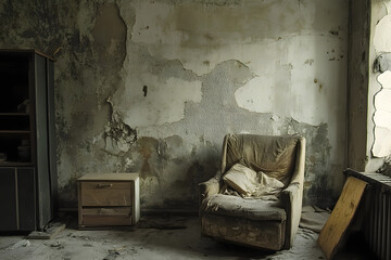 Sparse and Worn Room Interior Showing Signs of Poverty  
