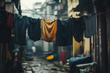 Threadbare Clothing on Line in Urban Poverty Backdrop  