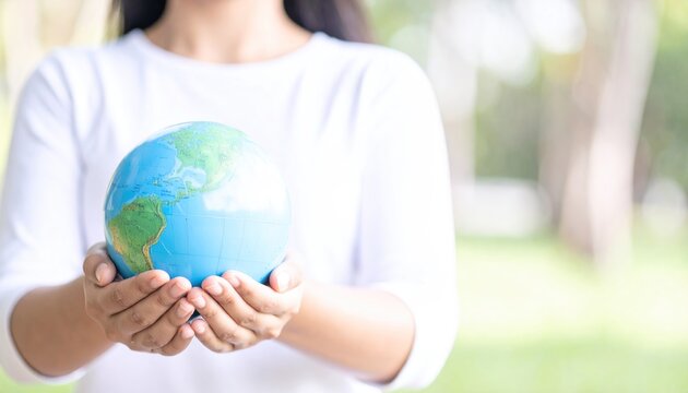 young woman female student eco-activist hugging embracing Earth globe with care protecting planet