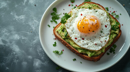 Avocado toast with fried egg, herbs and pepper served on white plate. Healthy breakfast with vibrant colors and textures. Nutritious and appetizing.