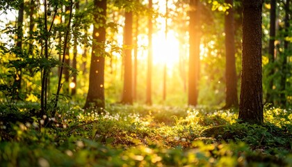 Obraz premium Sunlight filtering through lush trees creating a magical woodland scene with radiant glow