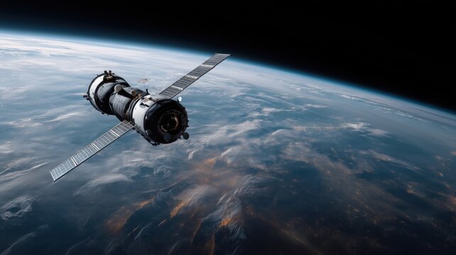 A high-resolution image of a detailed satellite orbiting Earth, illustrating modern space exploration technology and breathtaking views of the planet from outer space. - Powered by Adobe