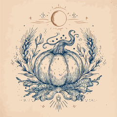 Mystical pumpkin harvest moon celestial illustration - bohemian autumn design perfect for Halloween branding, spiritual wellness, tarot and seasonal marketing