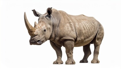 Obraz premium Majestic rhinoceros with prominent horn and textured skin perfectly isolated on white canvas