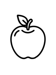 Simple outline of a fresh green apple with a leaf on top drawn in black on a white background