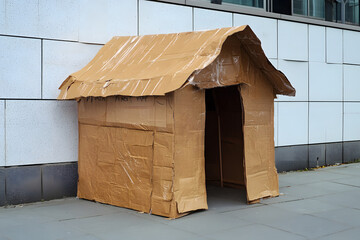 Large Cardboard House Structure on City Pavement