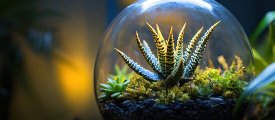 A vibrant succulent terrarium encased in a clear glass sphere.