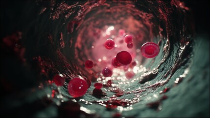 Closeup view of red blood cells within a human blood vessel, showcasing their dynamic movement and circulation within the vascular system