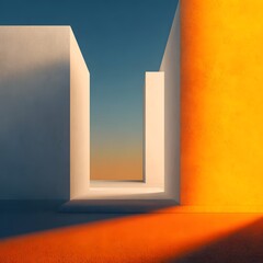 Abstract architectural scene featuring geometric shapes and vibrant colors during sunset