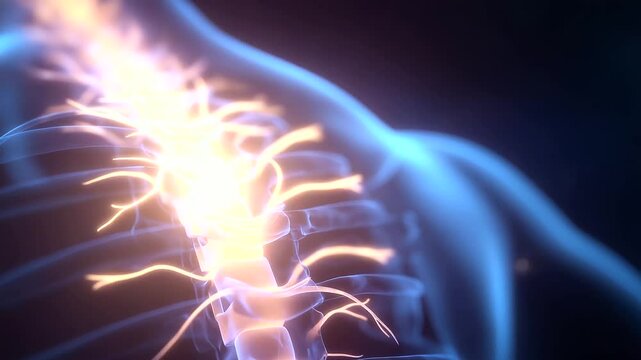Detailed 3D animation of the human spine showcasing vertebrae and nerve roots.