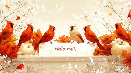 Digitally illustrated cardinals, autumn leaves, and pumpkins on a ledge