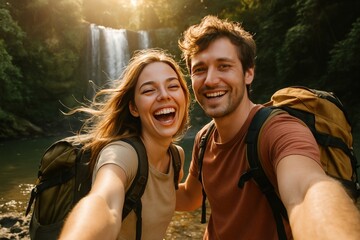 Happy couple exploring waterfall.