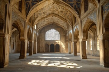 Obraz premium A photograph of the interior of an ancient medieval church, with tall arched ceilings and a large window at one end that lightens up parts of it