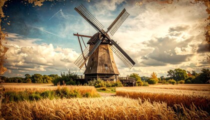 Fototapeta premium Vintage poster style old windmill set against a beautiful agricultural landscape in autumn