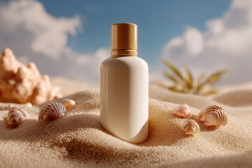 A close-up of a sunscreen bottle on sandy beach with seashells and a clear blue sky in the background, evoking a sense of summer relaxation and tropical vacation.