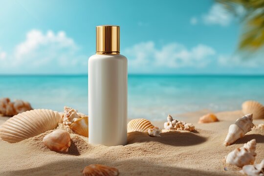 A close-up of a sunscreen bottle on sandy beach with seashells and a clear blue sky in the background, evoking a sense of summer relaxation and tropical vacation.
