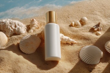 Fototapeta na wymiar A close-up of a sunscreen bottle on sandy beach with seashells and a clear blue sky in the background, evoking a sense of summer relaxation and tropical vacation.