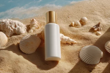 Fotobehang A close-up of a sunscreen bottle on sandy beach with seashells and a clear blue sky in the background, evoking a sense of summer relaxation and tropical vacation. © standret