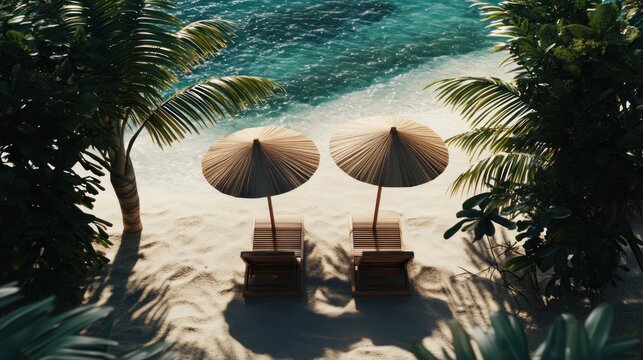 Tropical beach scene with beach chairs and umbrellas.