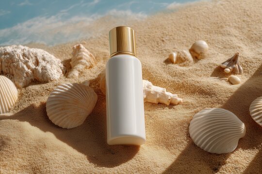 A close-up of a sunscreen bottle on sandy beach with seashells and a clear blue sky in the background, evoking a sense of summer relaxation and tropical vacation. - Powered by Adobe