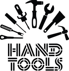 Black and White Hand Tools Illustration with Hammer Screwdrivers Wrench and Saw