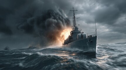 Dramatic warship in action, showcasing explosive salvos and maritime power elements under overcast skies, symbolizing strength, strategy, and naval operations during maritime conflict.