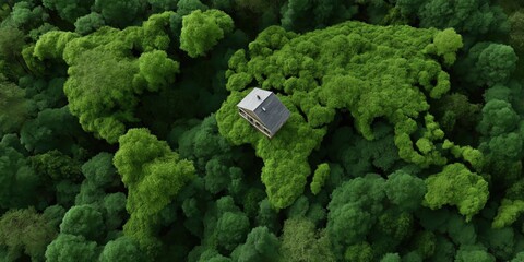 Solitary cabin overlooking dense forest from aerial view