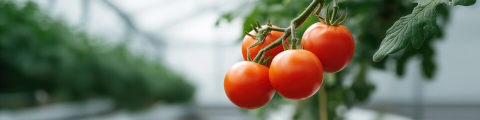 Vibrant red tomatoes on vine in greenhouse