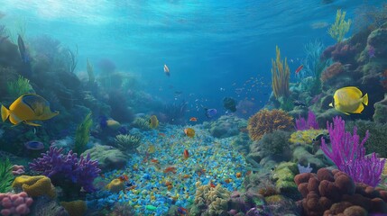 Naklejka premium Colorful coral reef teeming with small fish underwater in bright blue ocean.