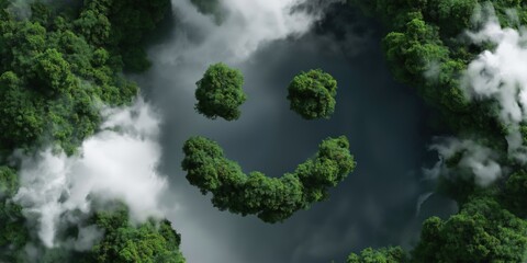 Aerial view of forest forming a smiley face in a misty lake