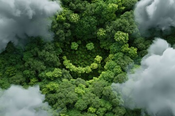 Smiley face forest clearing amidst lush green foliage and clouds