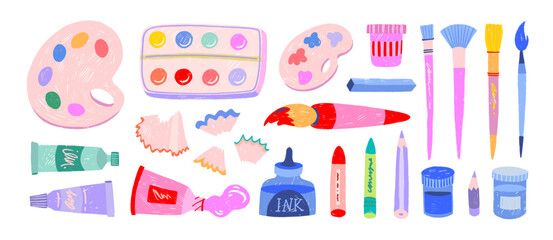 Crayon drawn set of art painting supplies and colorful childish stationary. Paint tubes, brushes, palettes and kid's school stationery. Doodle art supplies, funky icons with pencil texture.
