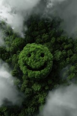 Aerial view of dense cloud-covered forest with natural smile formation in greenery