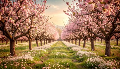 Fototapeta premium Charming orchard grove with blossoming trees captured in a vintage poster style design