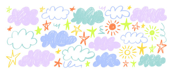 Obraz na płótnie Canvas Pastel colored crayon drawn cute kid clouds, sun and stars. Vector naive colorful childish doodle clouds. Naive funky cute ink illustration. Pencil scribbled texture. Funky sky childish elements.