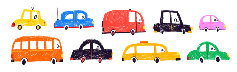 Fotobehang Auto Crayon drawn naive funky kid cars collection. Sketch colorful childish pencil drawn elements. Cute childish cars. Vector kid cute doodle set. Collection of crayon cartoon transports.  © Anastasiia Hevko