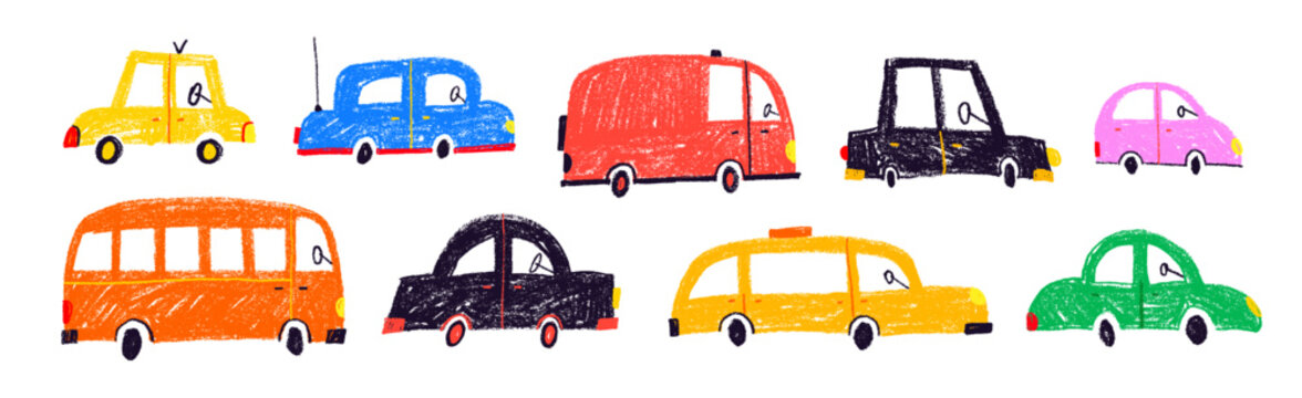 Fototapeta Crayon drawn naive funky kid cars collection. Sketch colorful childish pencil drawn elements. Cute childish cars. Vector kid cute doodle set. Collection of crayon cartoon transports.