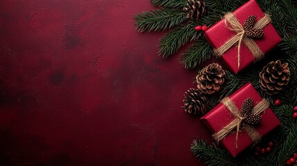 Festive holiday flatlay featuring red gifts and greenery on red background