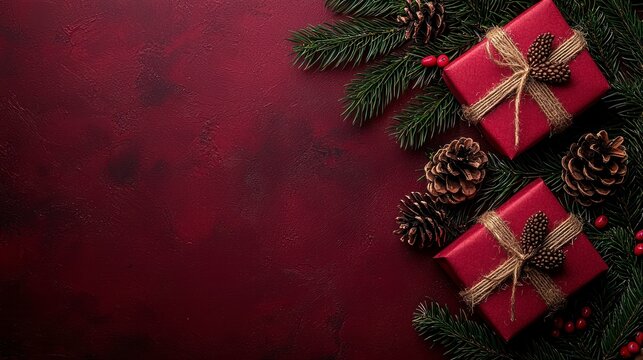 Festive holiday flatlay featuring red gifts and greenery on red background