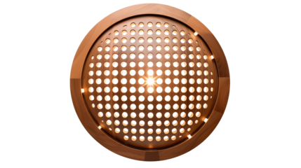 Circular copper object with a pattern of holes and a bright light shining through center isolated on transparent background