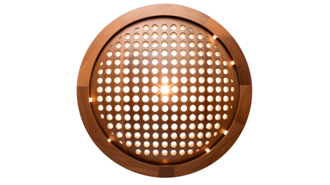Circular copper object with a pattern of holes and a bright light shining through center isolated on transparent background - Powered by Adobe