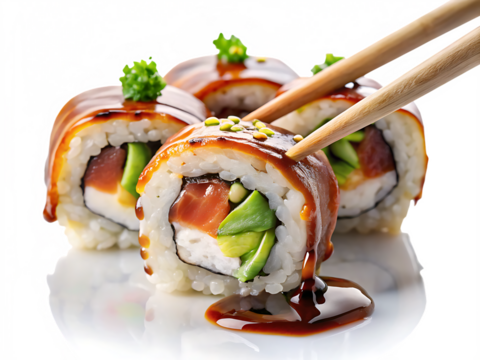 delicious sushi roll with fresh ingredients dripp isolated on white background  PNG,AI GENERATED