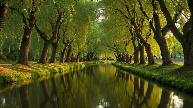 Lush Green Willow Trees Reflecting in Calm Water Surface During Golden Hour in Scenic Park